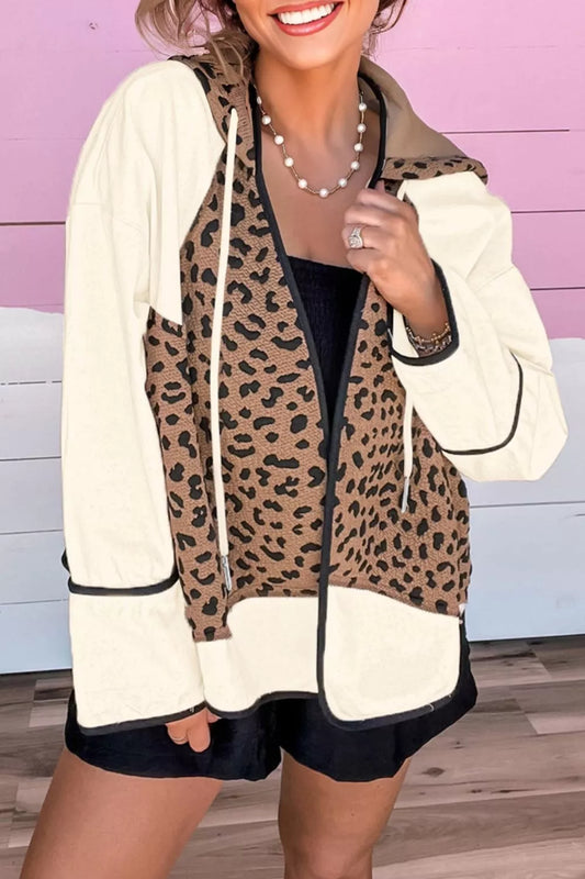 Drawstring Leopard Long Sleeve Hooded Jacket Leopard