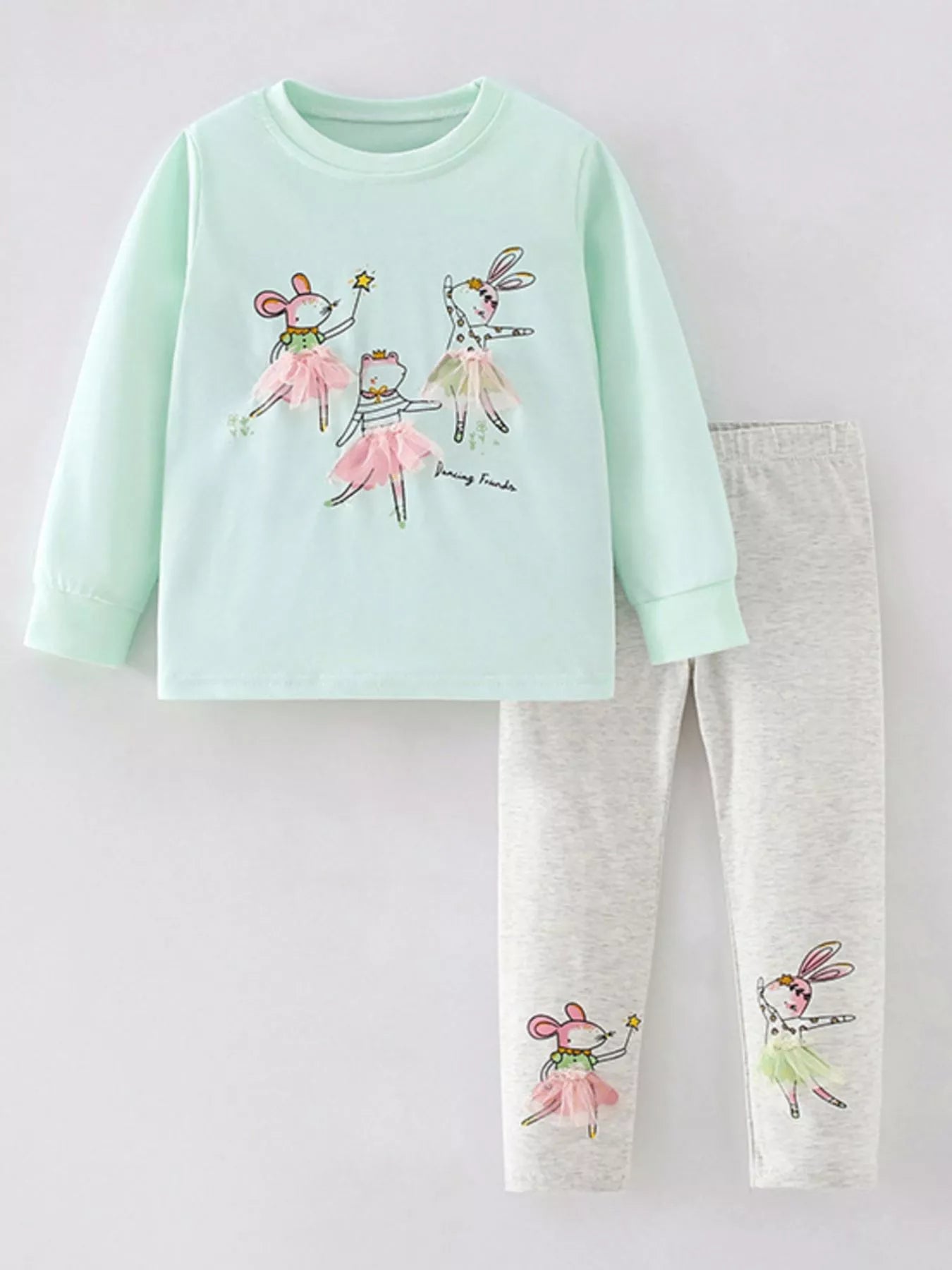 Children's Dancing Friends Long Sleeve Top and Pants Set Light Green
