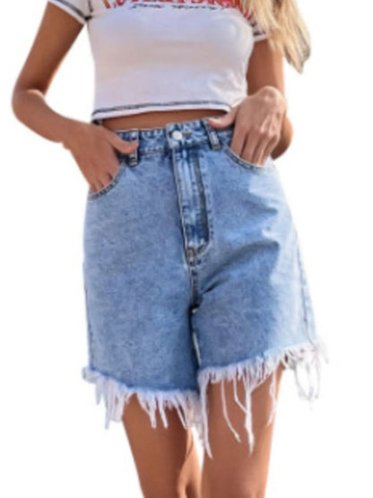 High Waisted Frayed Hem Denim Shorts