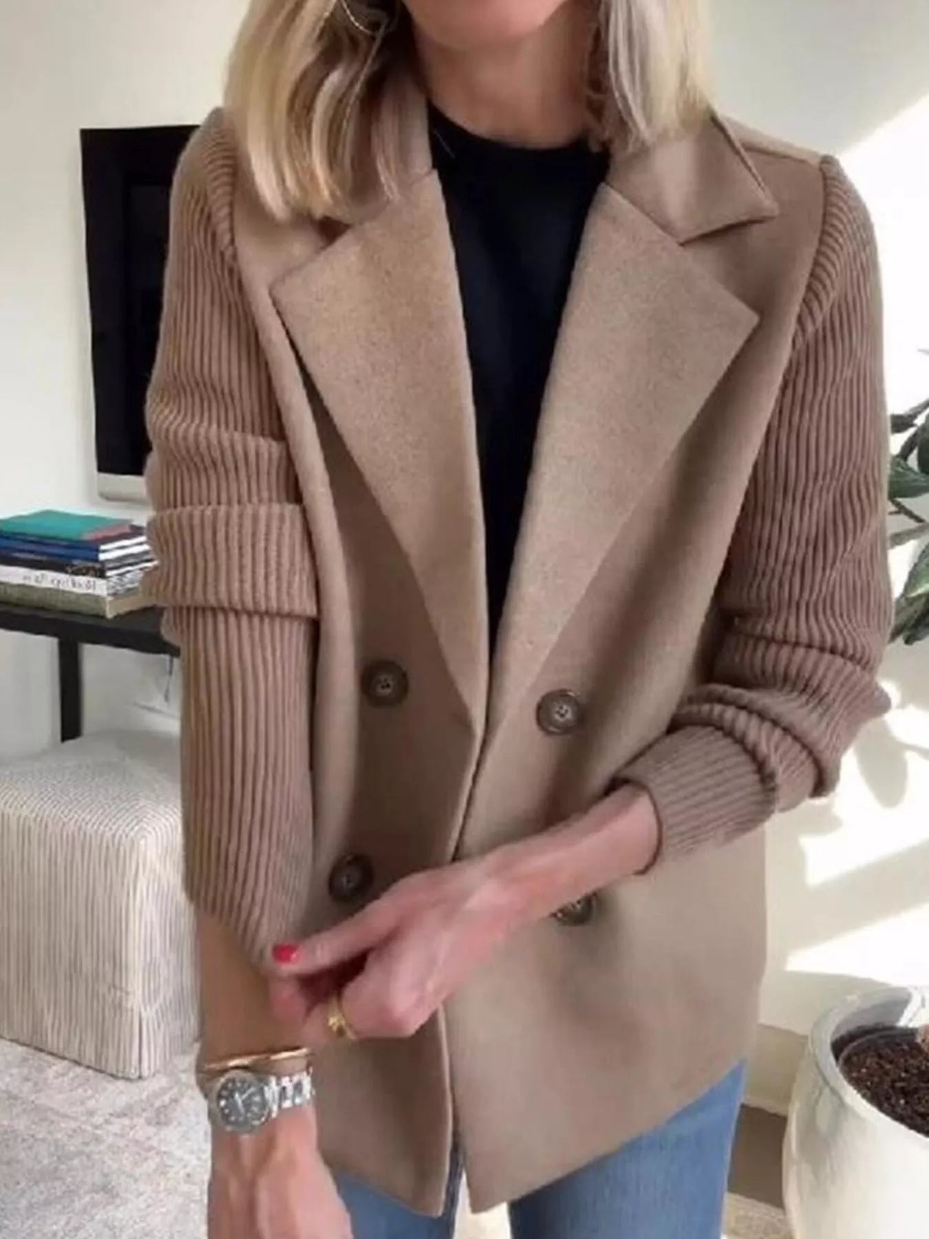 Full Size Knit Sleeve Double-Breasted Outerwear Plus Size