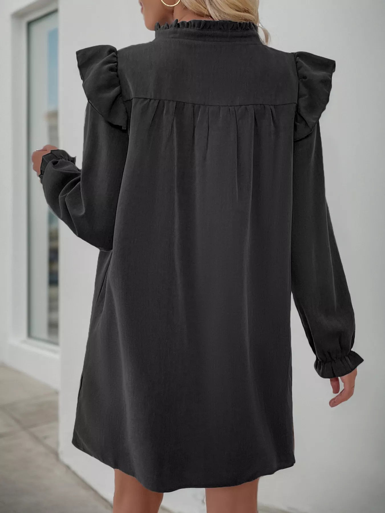 Ruffled Notched Long Sleeve Dress