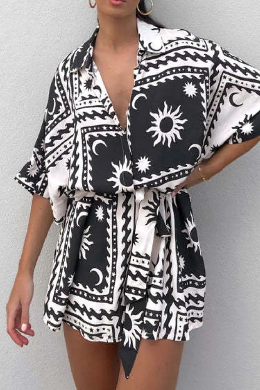 Printed Tie Waist Romper Black