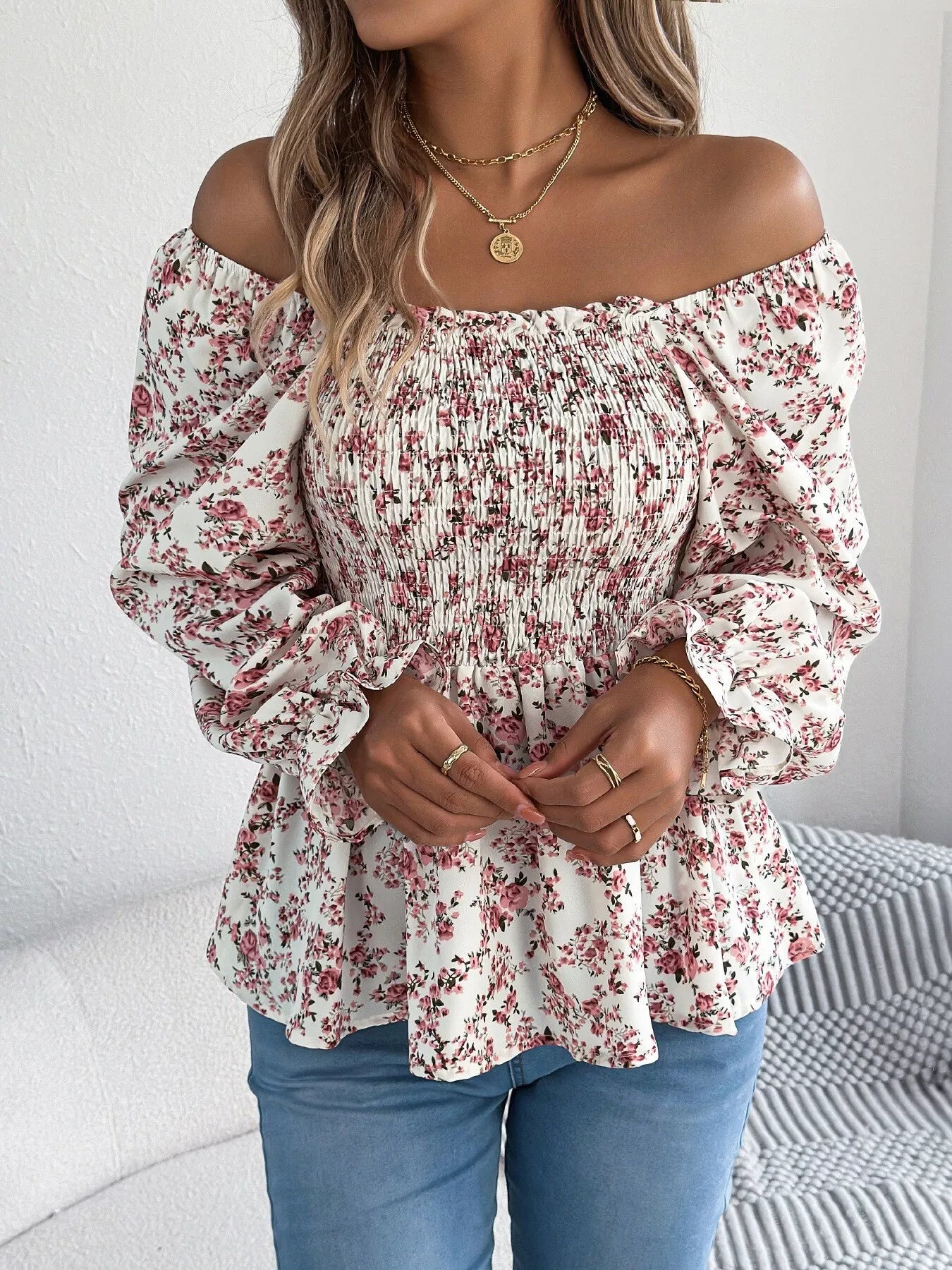 Full Size Floral Print Smocked Long Sleeve Blouse Plus Size