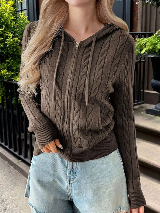 Cozy Cable-Knit Zip-Up Cardigan Brown