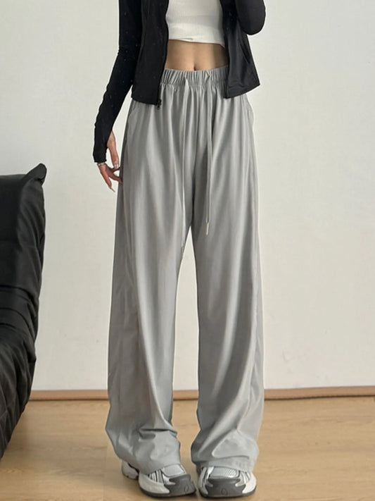 Wide-Leg Drawstring Pants Light Gray