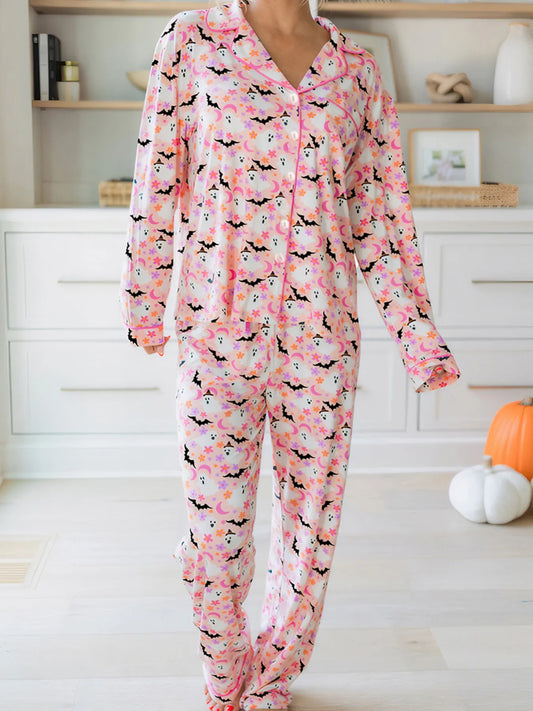 Halloween Ghost Print Button Up Top and Pants Lounge Set Dusty Pink