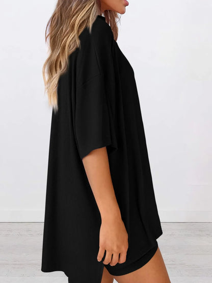 Full Size Oversized Slit Round Neck Top and Shorts Lounge Set Plus Size