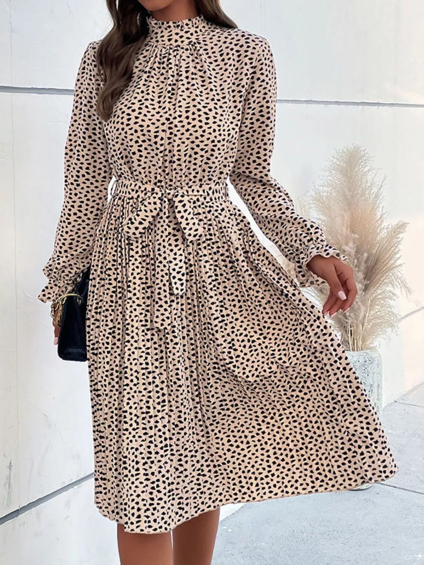 Animal Print Mock Neck Flounce Sleeve Dress Tan