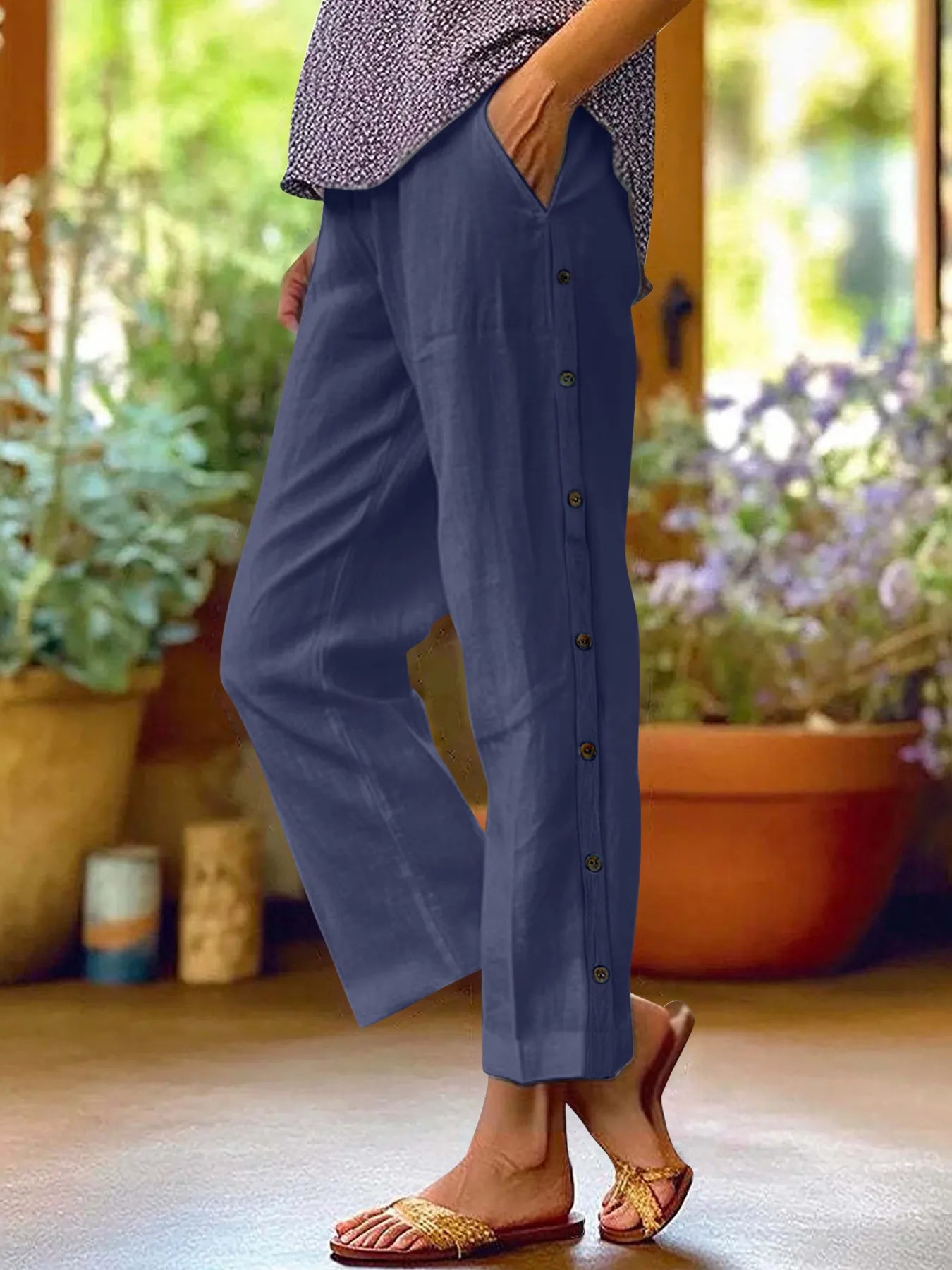 Full Size Side Decor Button Casual Wide Leg Pants Plus Size Navy Blue