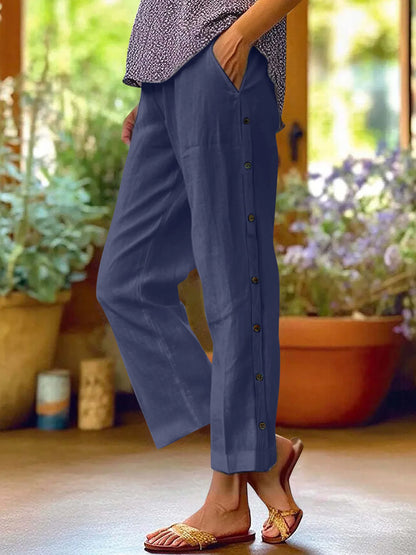 Full Size Side Decor Button Casual Wide Leg Pants Plus Size Navy Blue