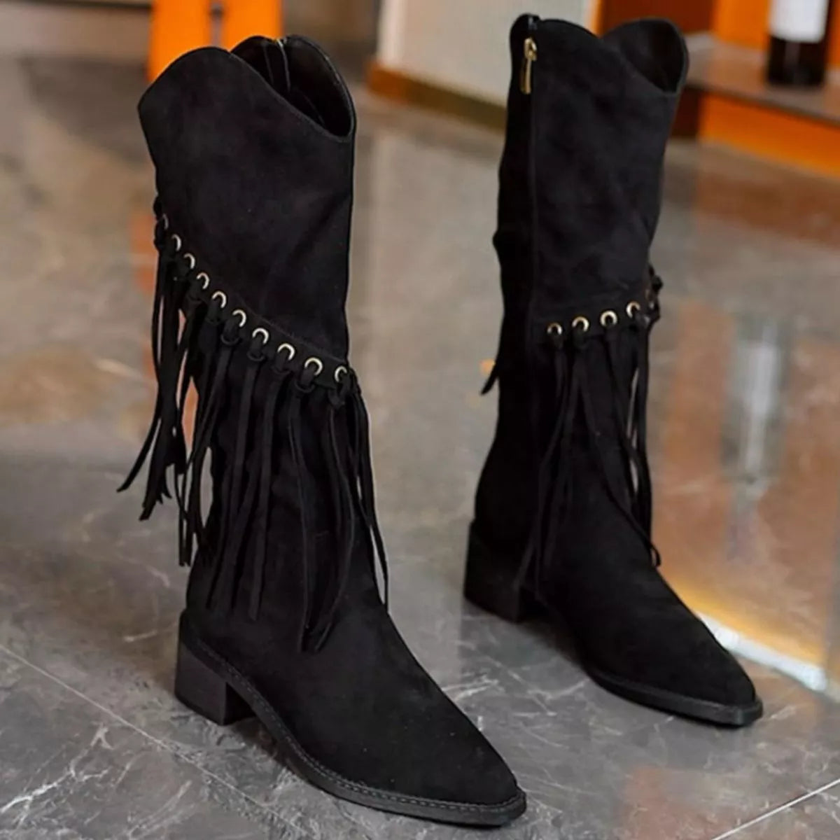 Fringed Point Toe Block Heel Boots