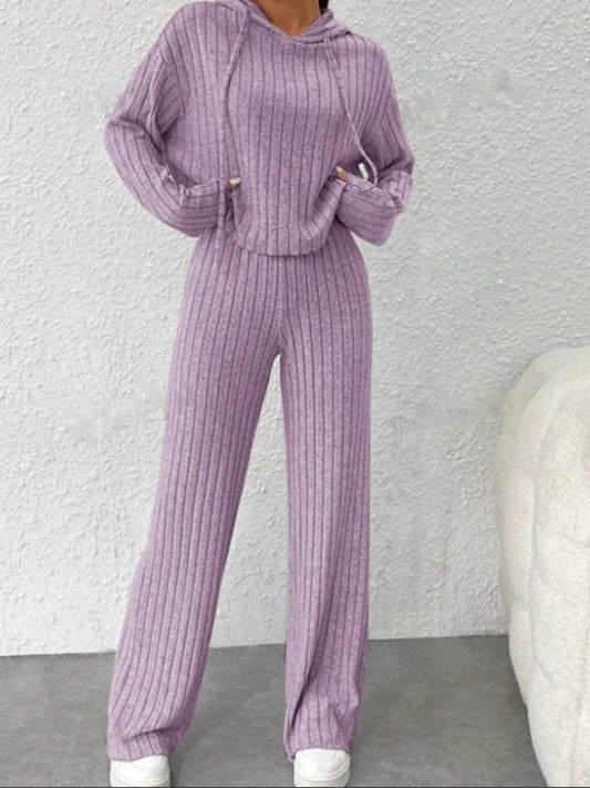 Ribbed Knit Hoodie & Wide Leg Pants Set
