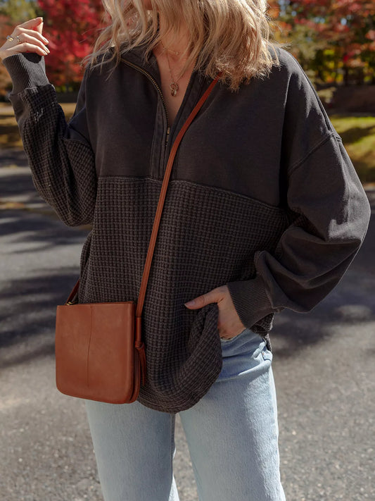 Waffle Knit Patchwork Half Zipped Casual Sweatshirt