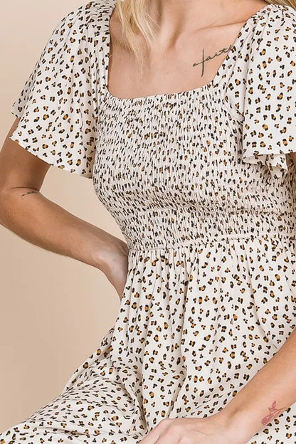 Lime 'N' Chili Ditsy Leopard Print Square Neck Smocked Midi Dress