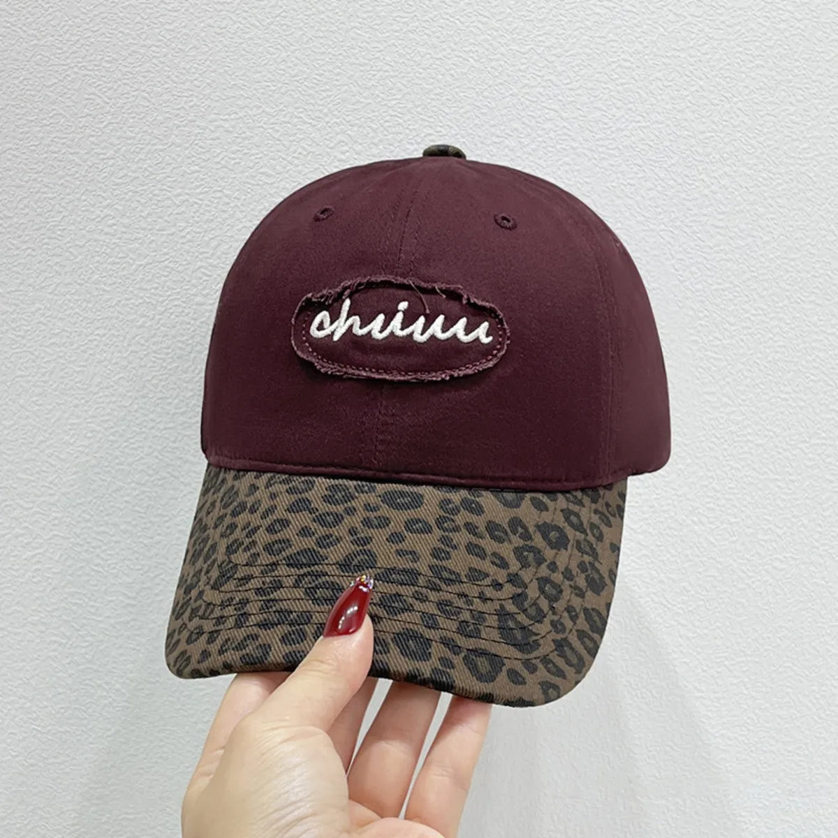 Leopard Print Baseball Cap with Embroidered Letter Burgundy One Size