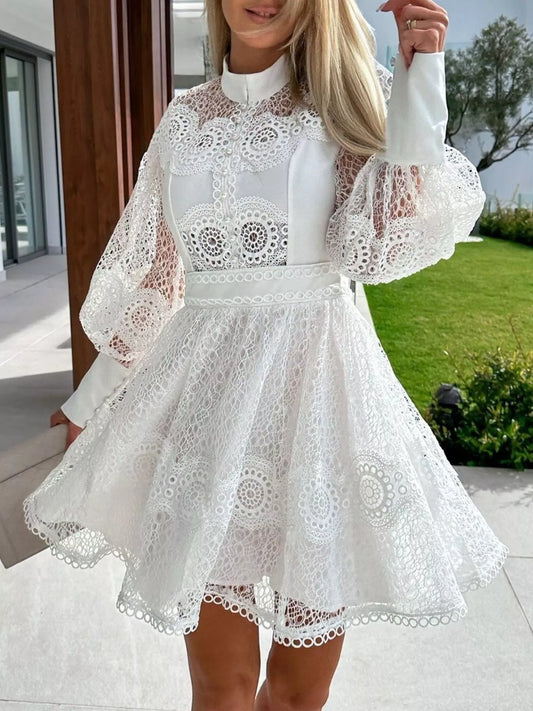 Lace Lantern Sleeve Mini Dress White