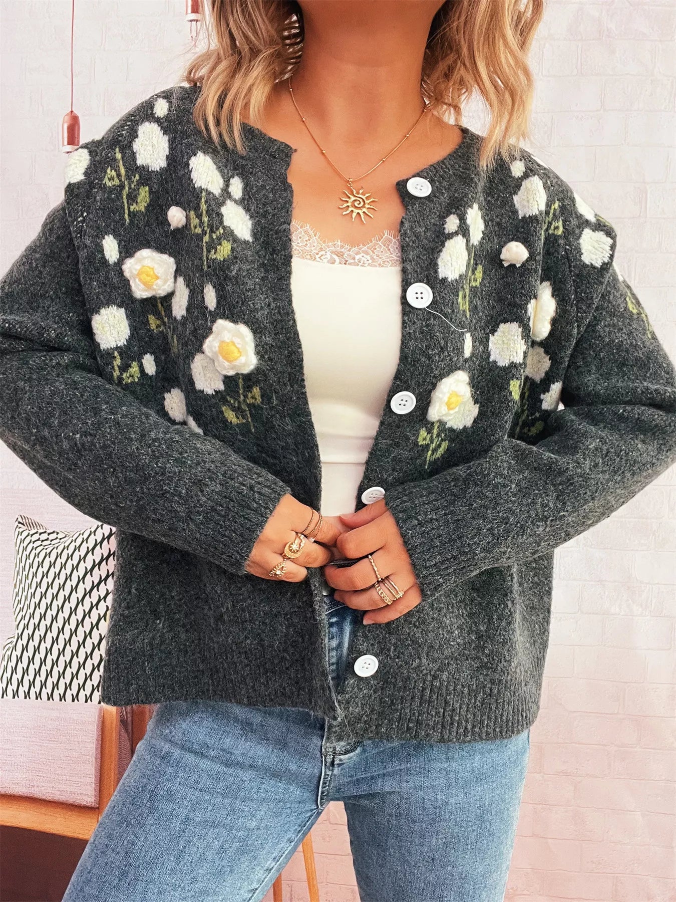 Flower Button Up Long Sleeve Cardigan Dark Gray One Size