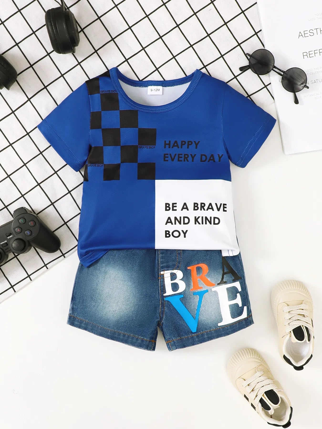 Children's Letter Round Neck Top and Denim Shorts Set Navy