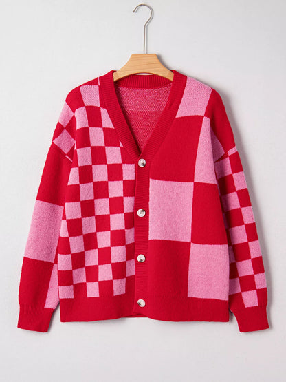 Checkerboard Knit Button-Down Cardigan