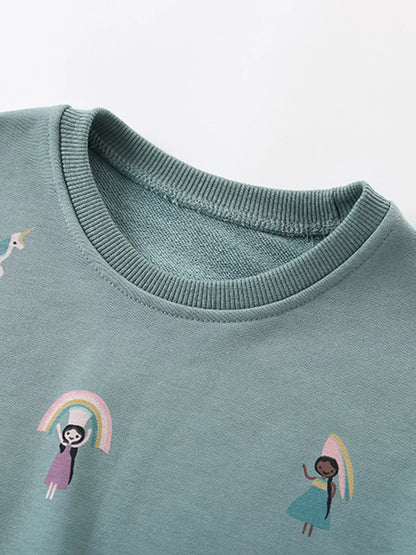 Children's Cute Cartoon Print Sweatshirt with Tulle Hem