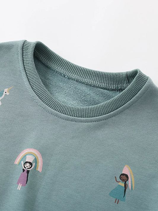 Children's Cute Cartoon Print Sweatshirt with Tulle Hem