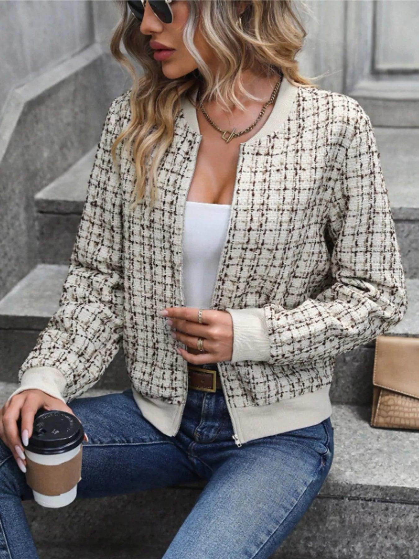 Tweed Zip Up Bomber Jacket