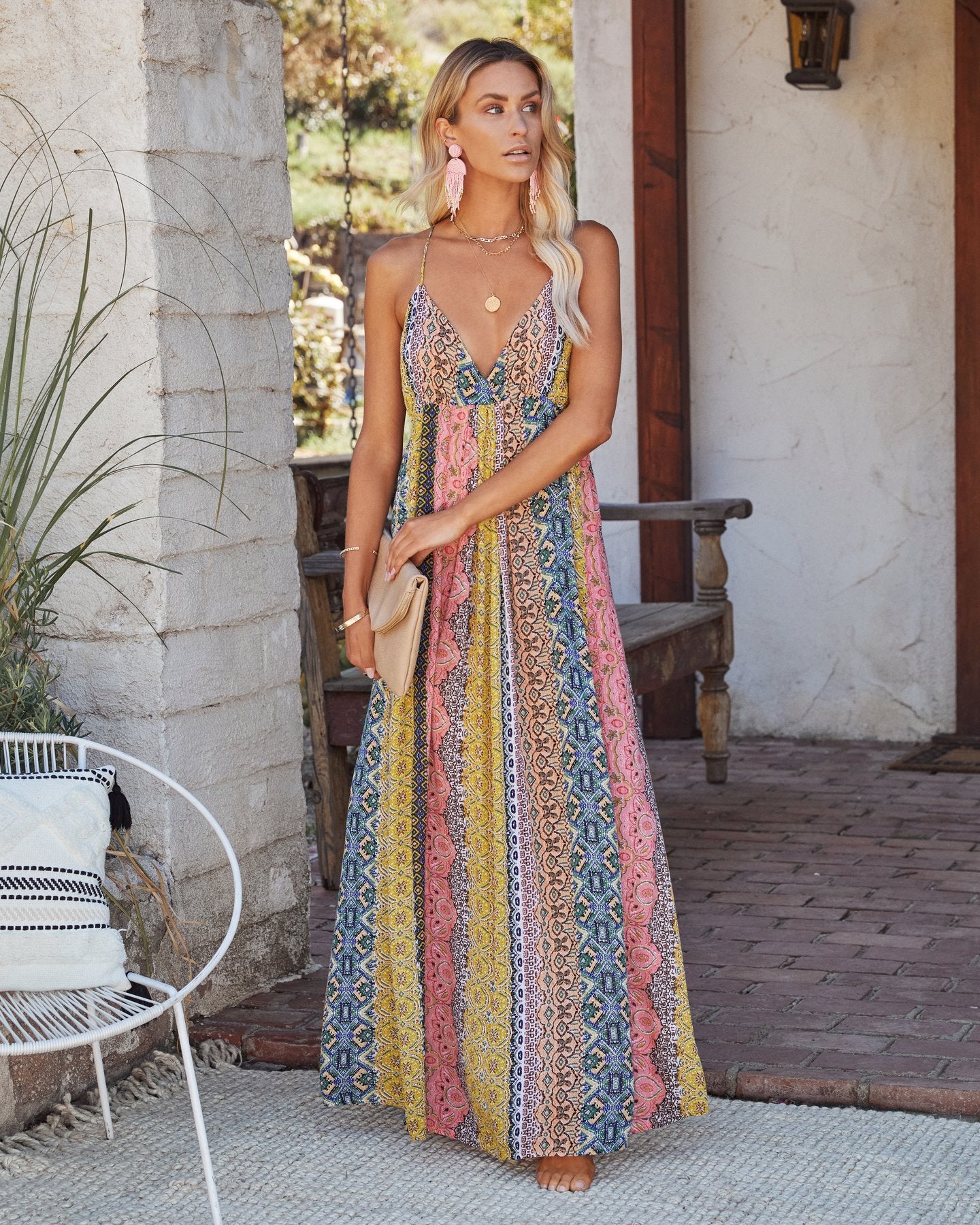 V neck Sexy Backless Spaghetti Strap Floral Print Swing Summer Dress Multi