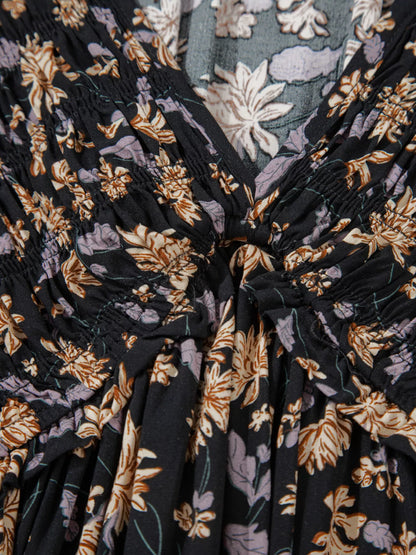 Floral Deep V Neck Smocked Bust Bubble Sleeve Babydoll Dress