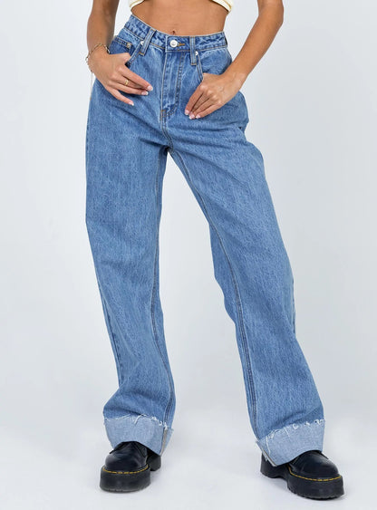 Women Loose Fitting Curl Wide Leg Jeans Denim medium blue