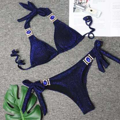 Sexy Shiny Special Fabric Swimsuit Crystal Diamond Bikini Gold Strap Women Swimsuit Shiny Sapphire Blue
