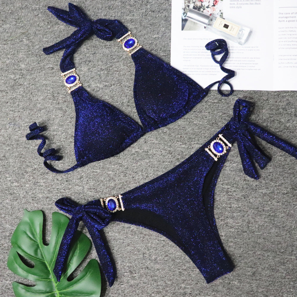 Sexy Shiny Special Fabric Swimsuit Crystal Diamond Bikini Gold Strap Women Swimsuit Shiny Sapphire Blue