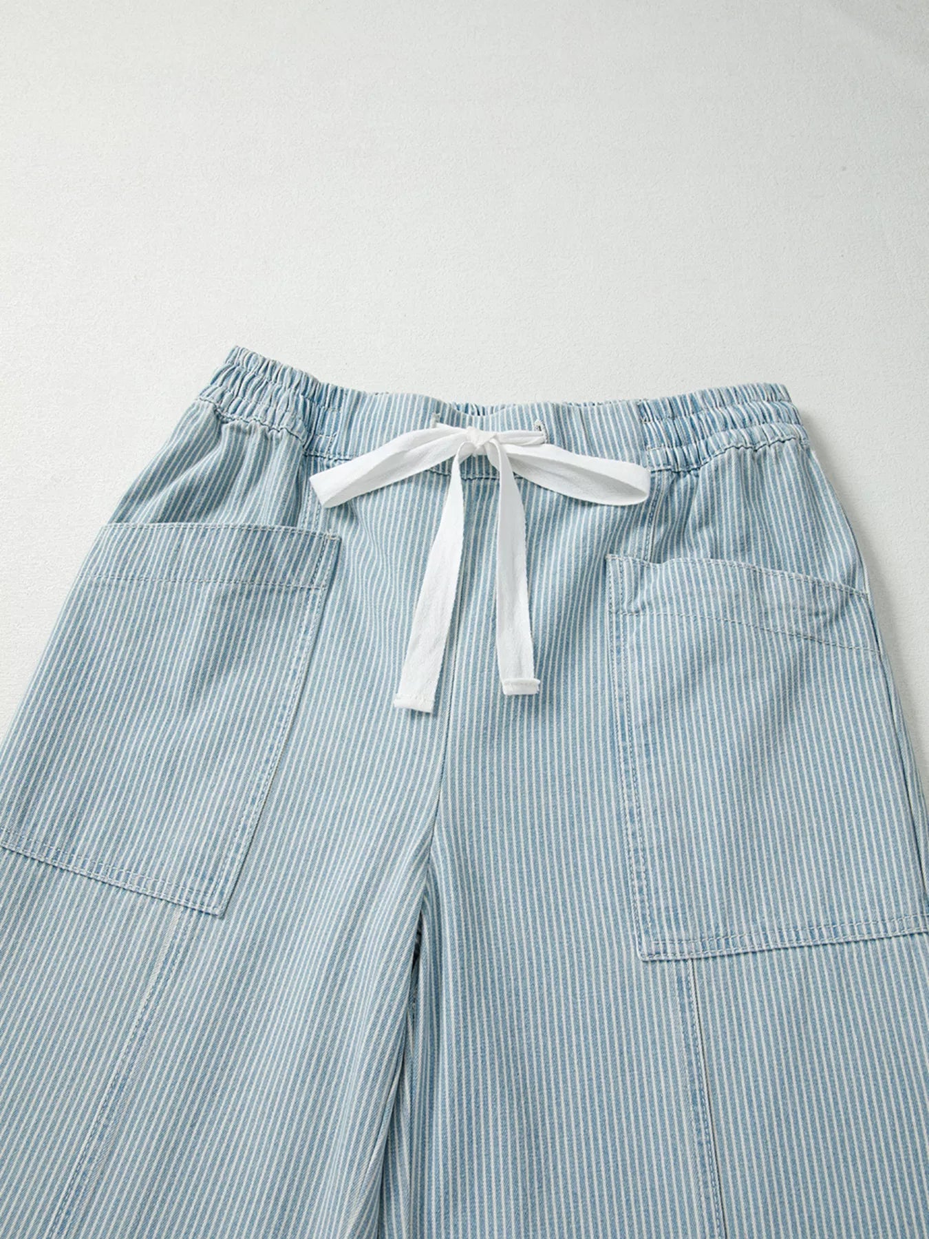 Stripe Mid Rise Drawstring Waist Jeans