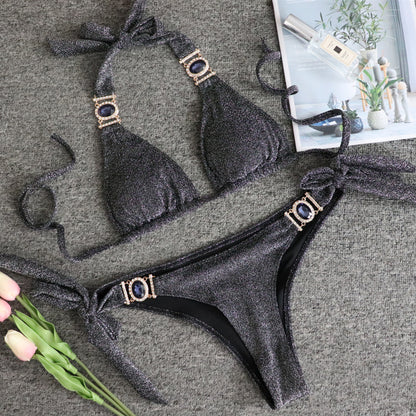 Sexy Shiny Special Fabric Swimsuit Crystal Diamond Bikini Gold Strap Women Swimsuit Shiny Black