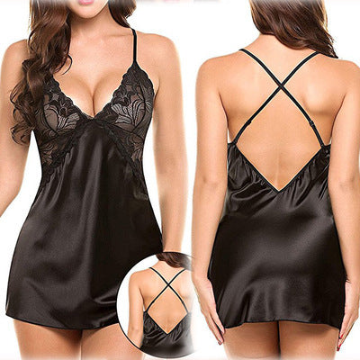 Sexy Lingerie Sexy Imitation Ice Silk Back Criss Cross Slip Nightdress Sexy Black