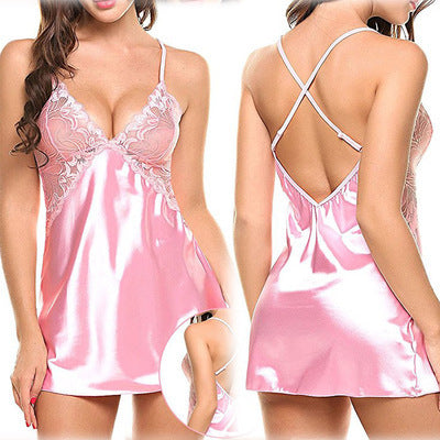 Sexy Lingerie Sexy Imitation Ice Silk Back Criss Cross Slip Nightdress Sexy Pink