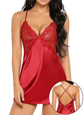 Sexy Lingerie Sexy Imitation Ice Silk Back Criss Cross Slip Nightdress Sexy
