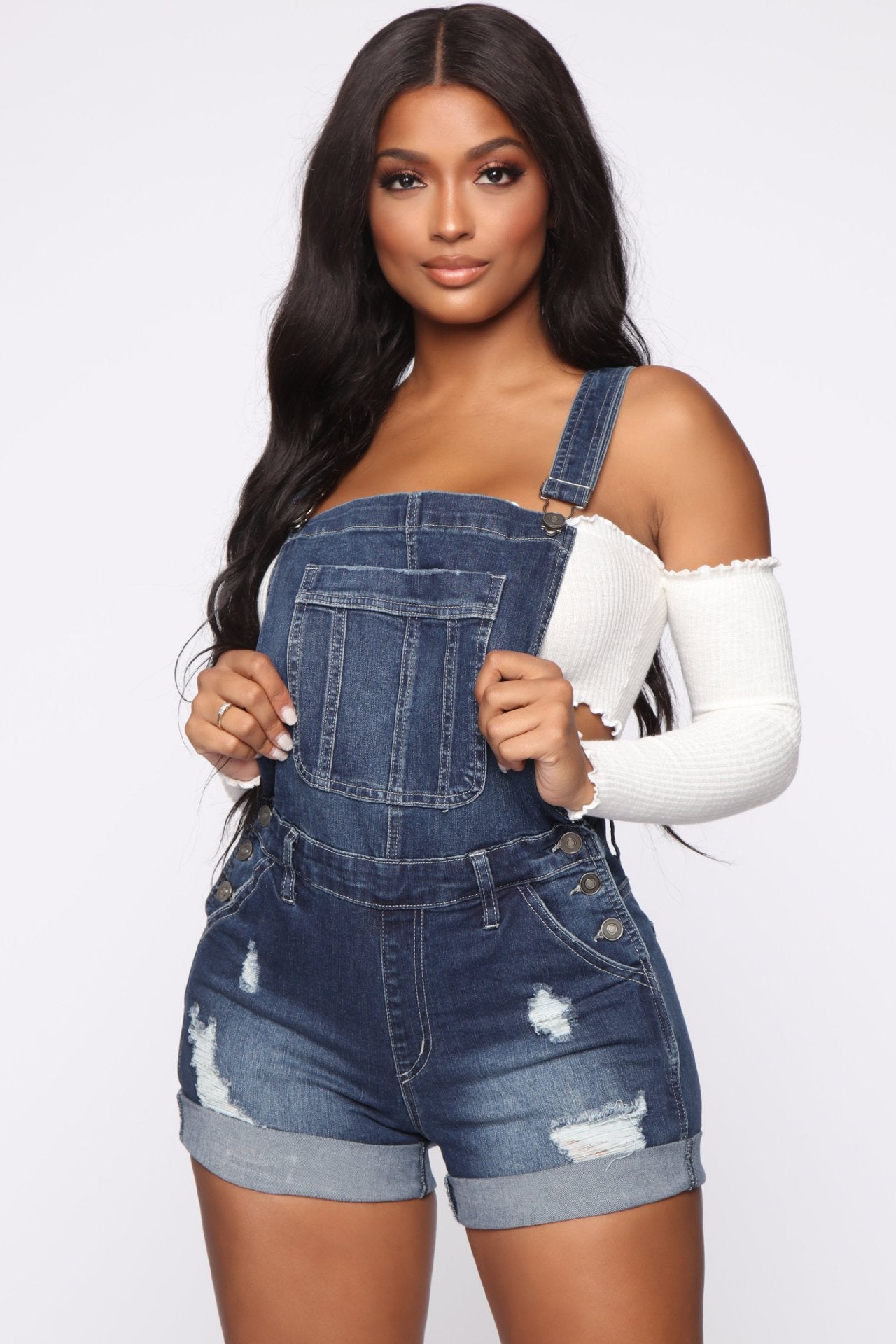 Elastic Ripped Suspender Denim Shorts One Piece Denim Jumpsuits Medium Blue