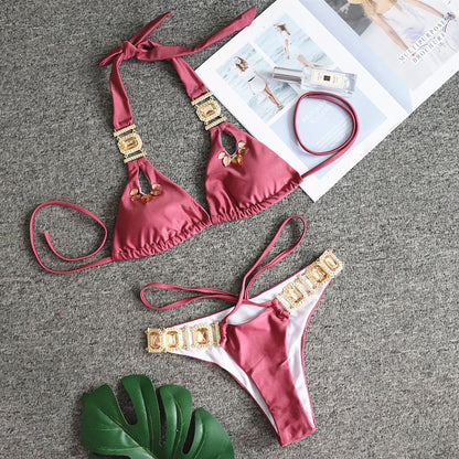 Bikini Sexy Crystal Diamond Bandage Solid Color Split Women Swimsuit Red