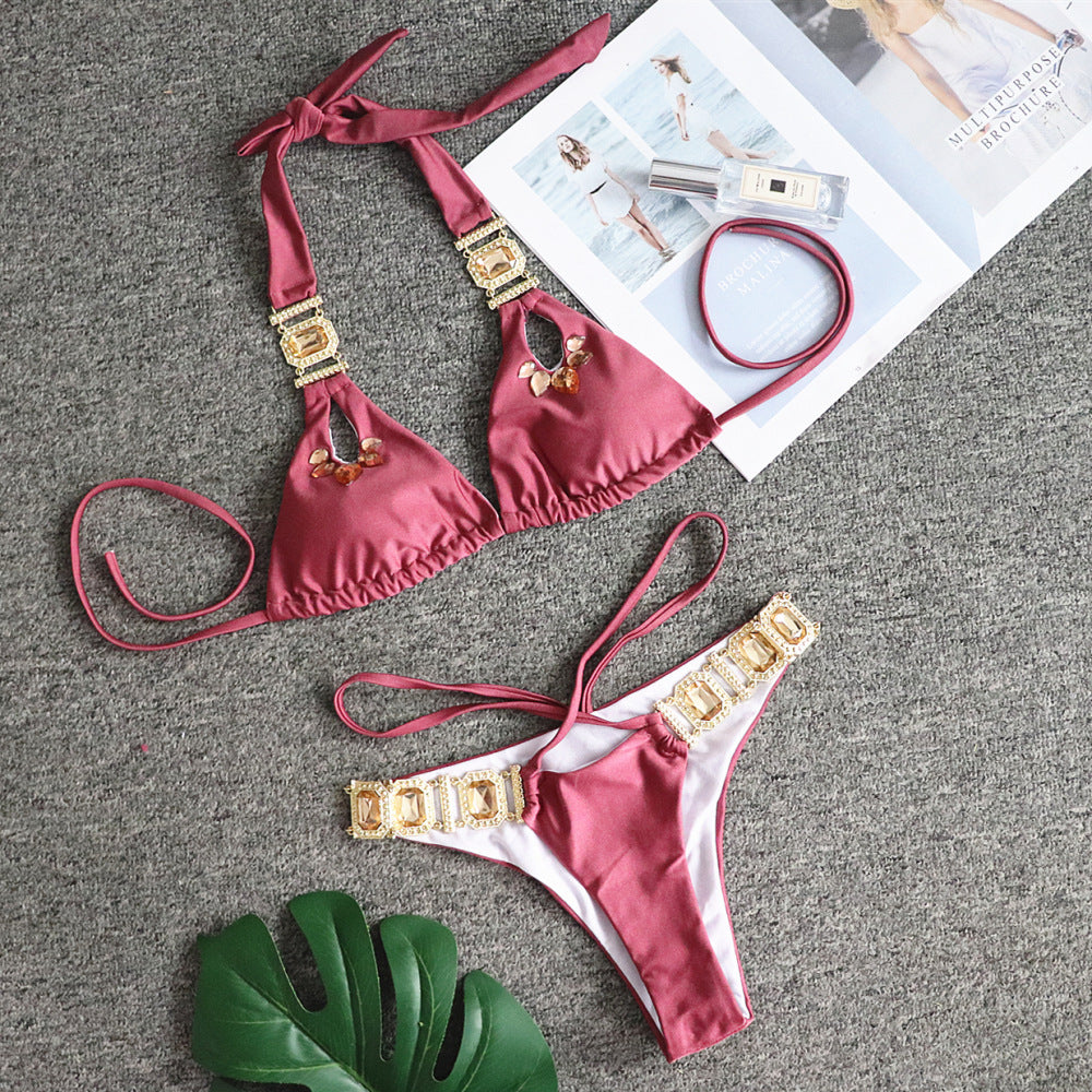 Bikini Sexy Crystal Diamond Bandage Solid Color Split Women Swimsuit Red