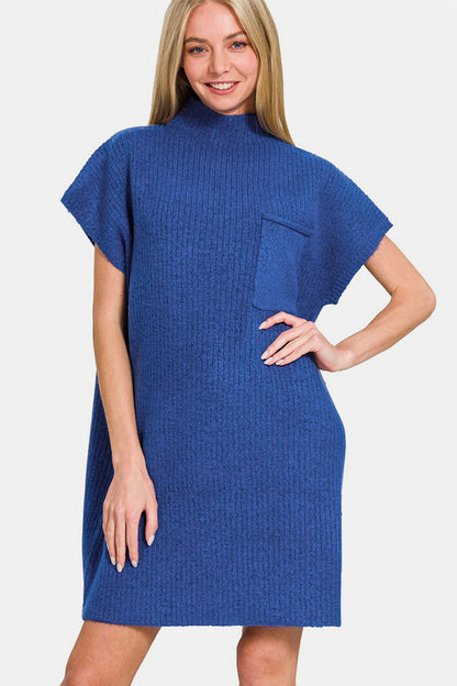 Zenana Short Sleeve Sweater Mini Dress Navy