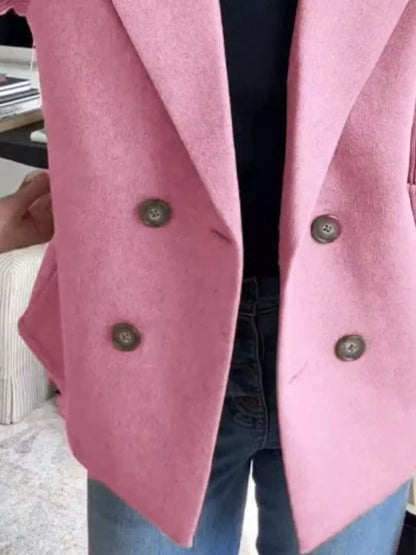 Full Size Knitted Sleeve Wool Blend Double-Breasted Blazer Plus Size Pink