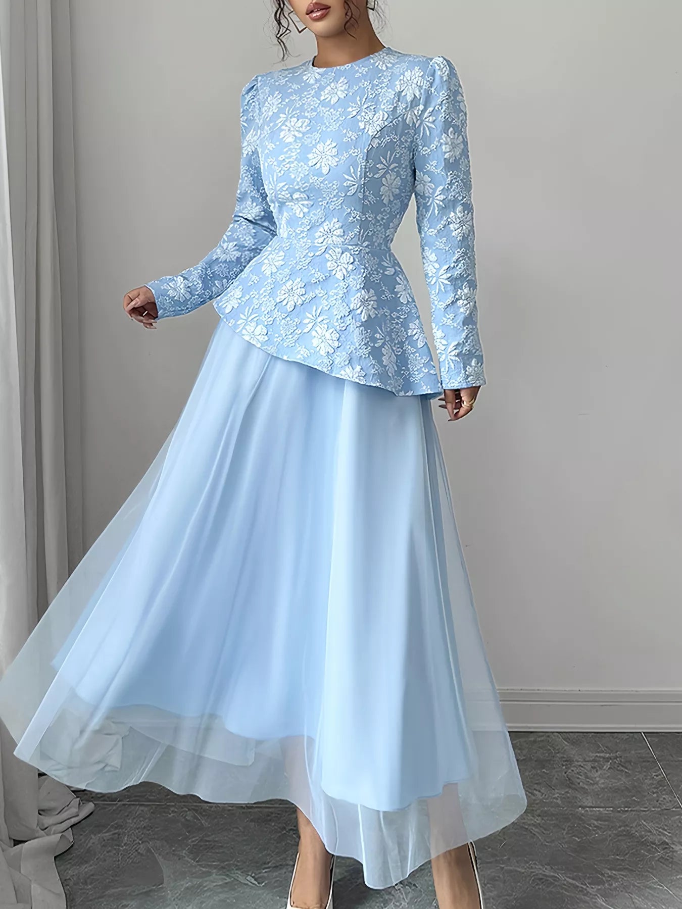 Floral Long Sleeve Tulle Dress Pastel Blue
