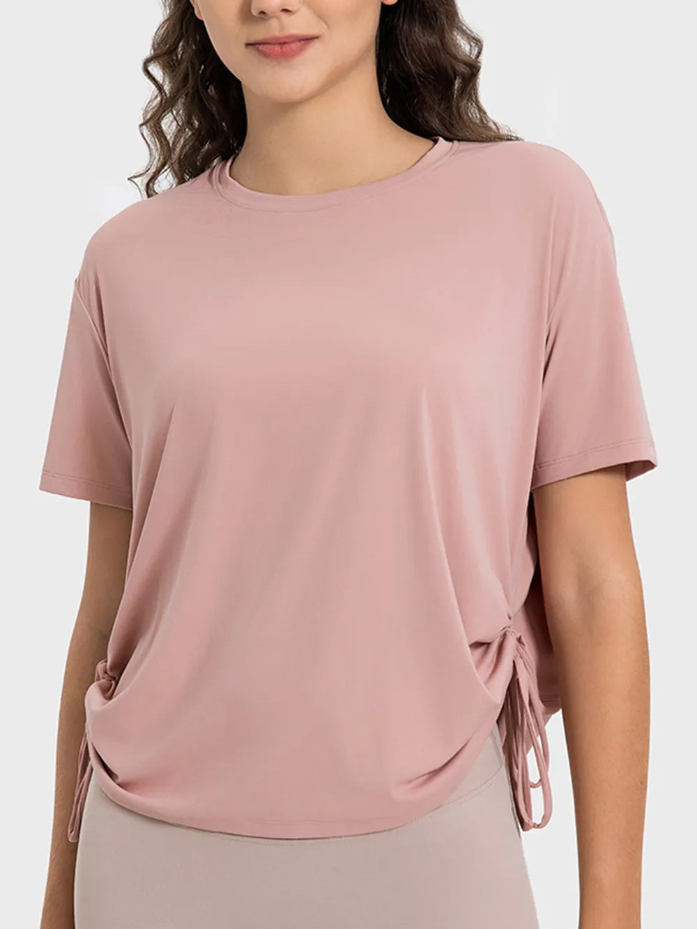 Millennia Drawstring Round Neck Short Sleeve Active T-Shirt Dusty Pink