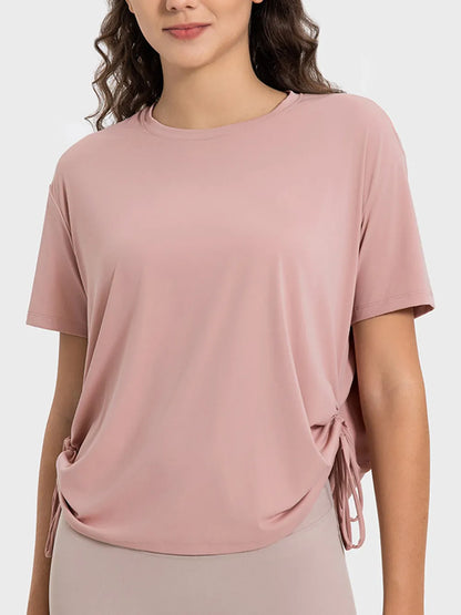 Millennia Drawstring Round Neck Short Sleeve Active T-Shirt Dusty Pink