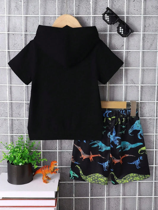 Children's Dinosaur Short Sleeve Hooded Top and Pants Set