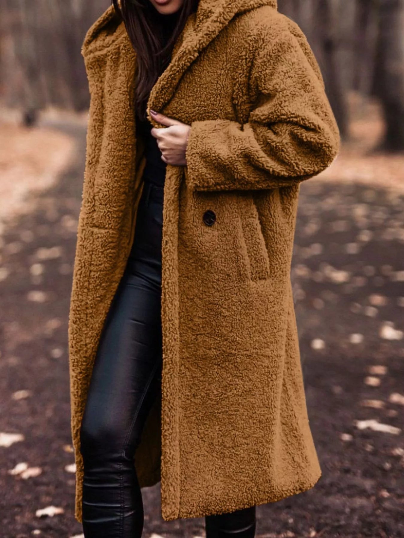 Teddy Bear Hooded Longline Outerwear Yellowish Brown