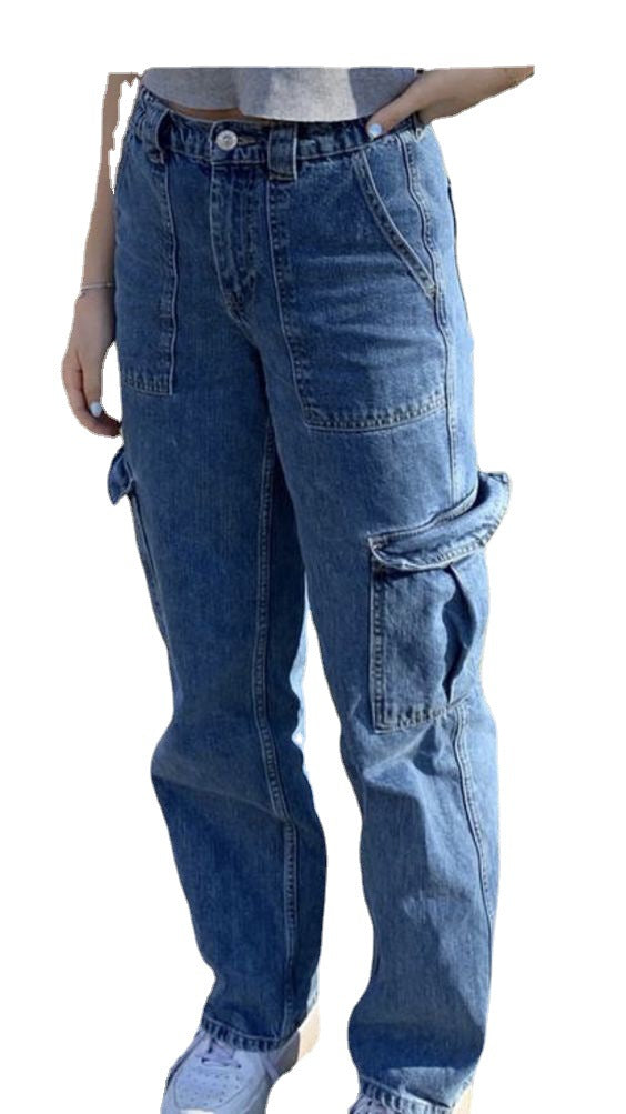 Women Clothing Multi Bag Straight Leg Denim Trousers Blue