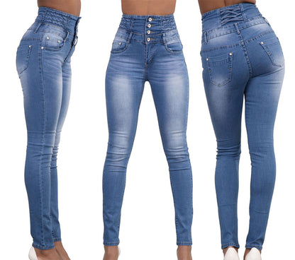 Popular Autumn Winter Women's Sexy High Waist Slim Fit Elastic Skinny Jeans Light Blue