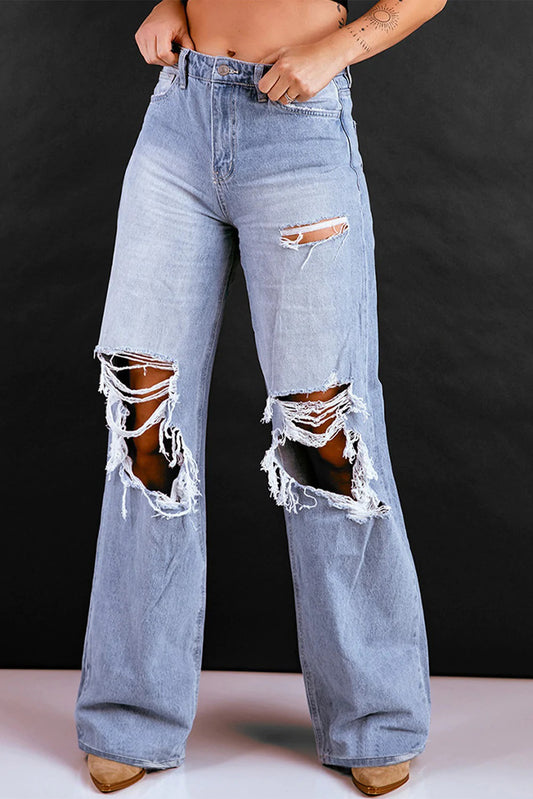 Women Loose Retro High Waist Ripped Wide Legged Jeans Light Blue