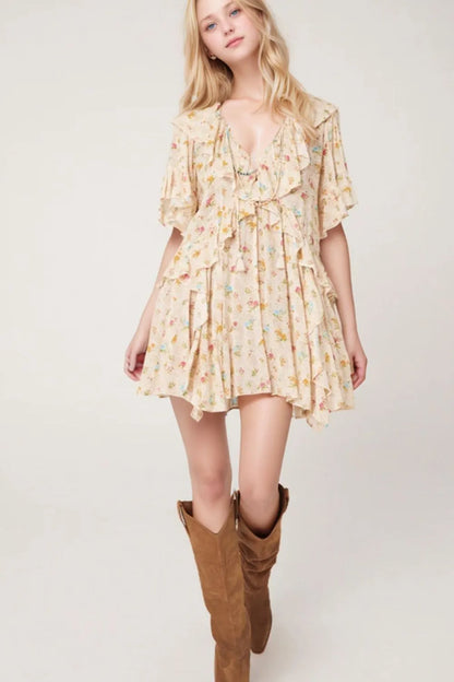 Boho Floral Tassel Tie V Neck Ruffle Wide Sleeve Mini Dress